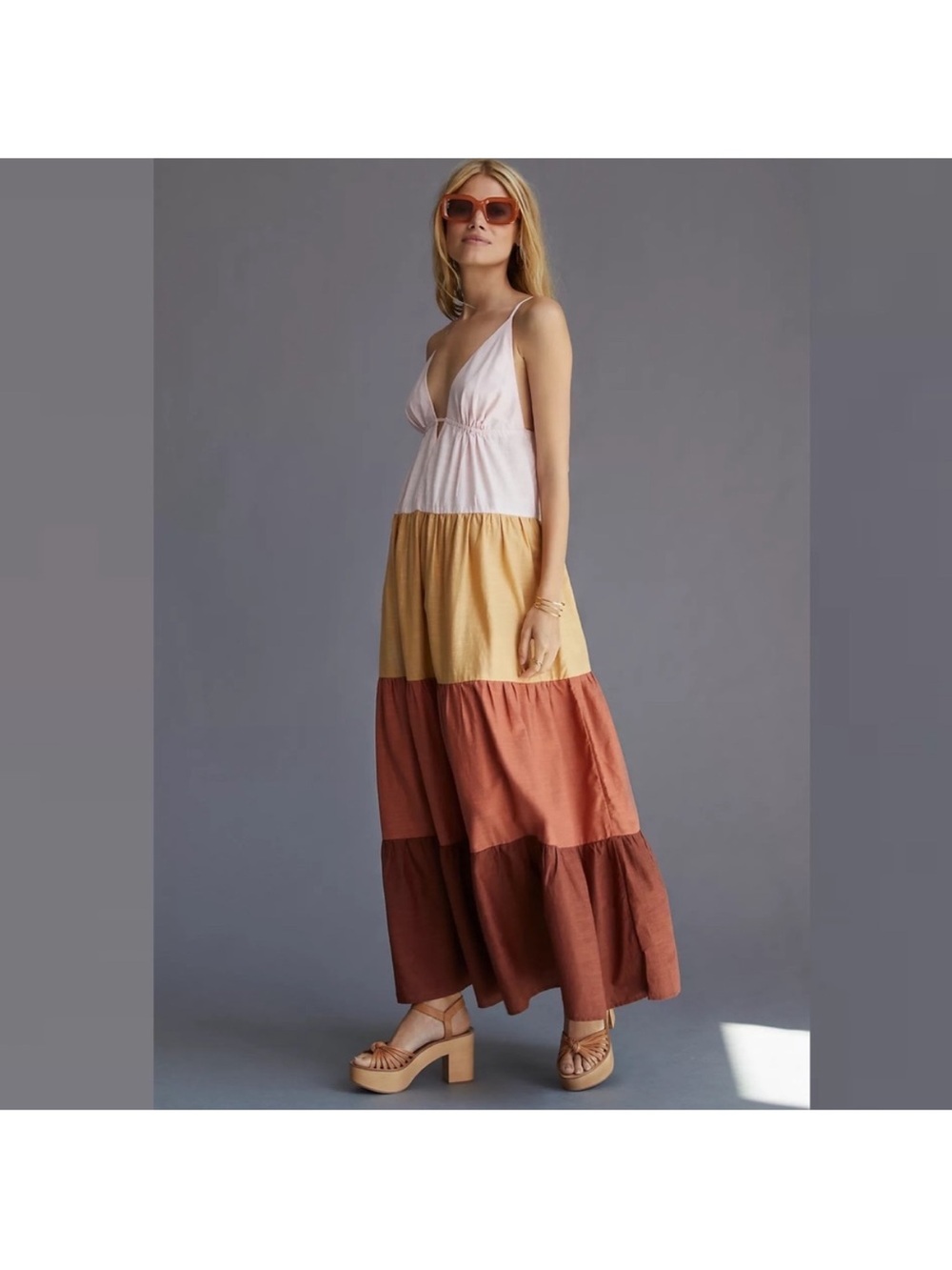 Anthropologie Tiered Maxi Dress in Pink, Mustard & Rust